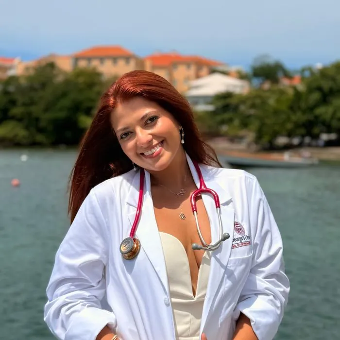 Katherine V. Duarte, estudiante de Medicina Veterinaria, con bata blanca y estetoscopio rosa